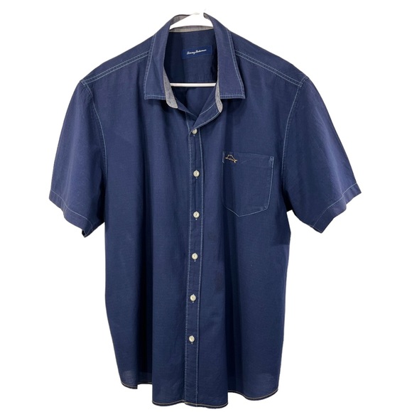 Tommy Bahama Other - Tommy Bahama navy short sleeve button down logo collared shirt XL, chest pocket